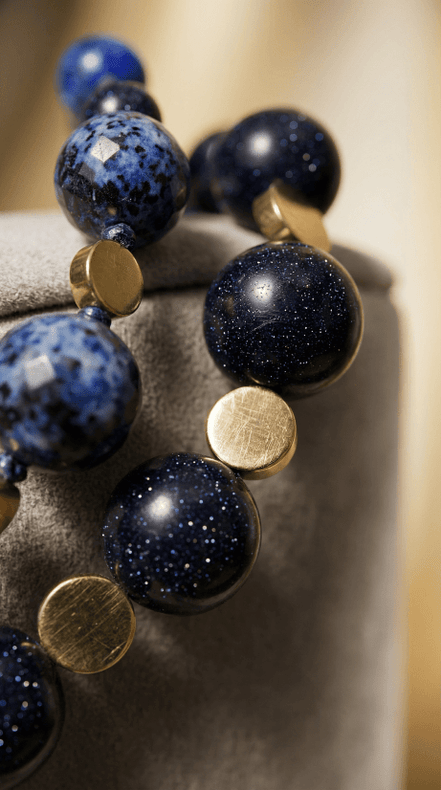 Colier din Piatra Soarelui Albastră și Hematit Auriu – Colecția Midnight - OK Lux. All rights reserved. - Necklaces - 