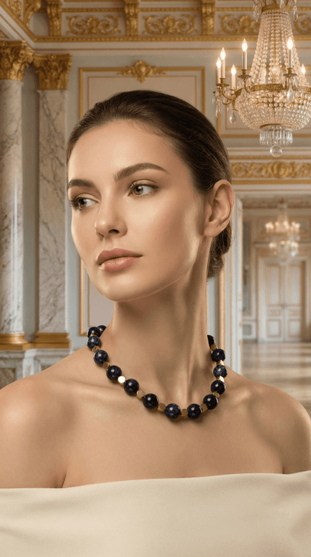 Colier din Piatra Soarelui Albastră și Hematit Auriu – Colecția Midnight - OK Lux. All rights reserved. - Necklaces - 