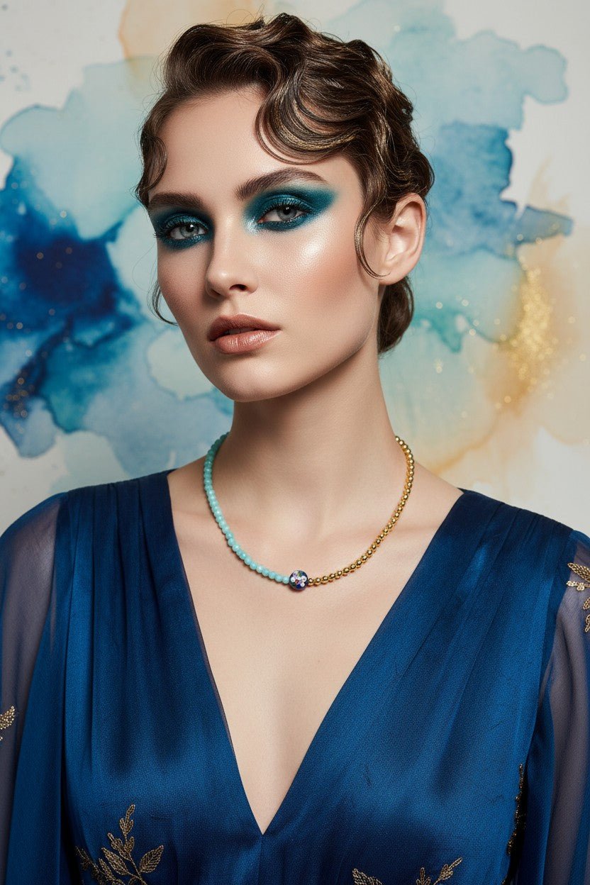 Colier din Pietre Semiprețioase de Amazonit și Hematit cu Pandantiv Mărgea Japoneză Emailată - OK Lux. All rights reserved. - Necklaces - 