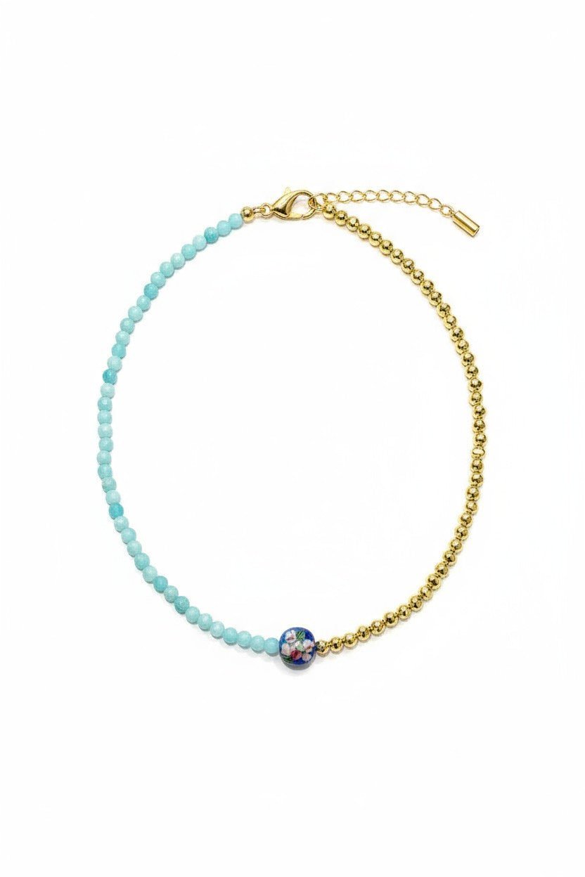 Colier elegant din amazonit turcoaz și hematit auriu cu mărgea japoneză emailată, lungime 40cm