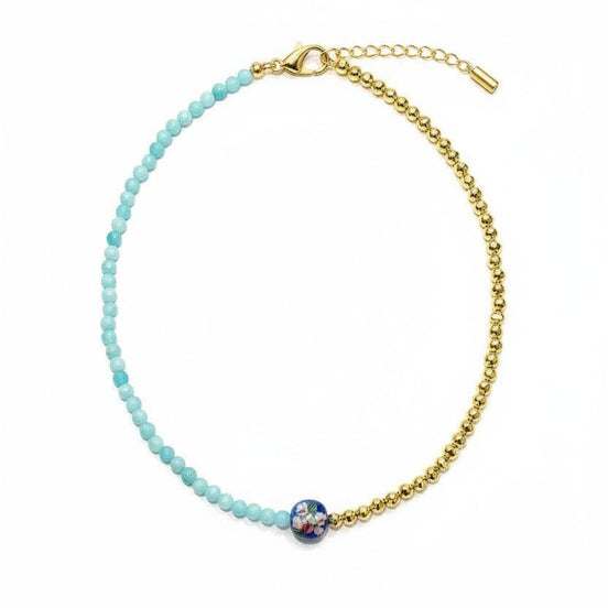Colier elegant din amazonit turcoaz și hematit auriu cu mărgea japoneză emailată, lungime 40cm