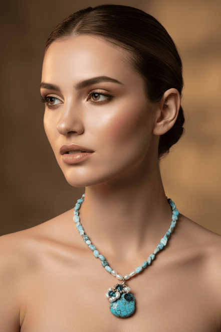 Colier Larimar cu Perle de Cultură și Turcoaze - Bijuterie Statement Handmade - OK Lux. All rights reserved. - Coliere - 
