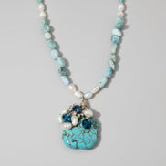 Colier Larimar cu Perle de Cultură și Turcoaze - Bijuterie Statement Handmade - OK Lux. All rights reserved. - Coliere - 