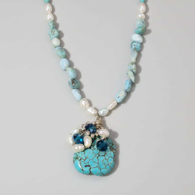 Colier Larimar cu Perle de Cultură și Turcoaze - Bijuterie Statement Handmade - OK Lux. All rights reserved. - Coliere - 