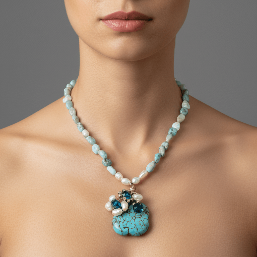 Colier Larimar cu Perle de Cultură și Turcoaze - Bijuterie Statement Handmade - OK Lux. All rights reserved. - Coliere - 