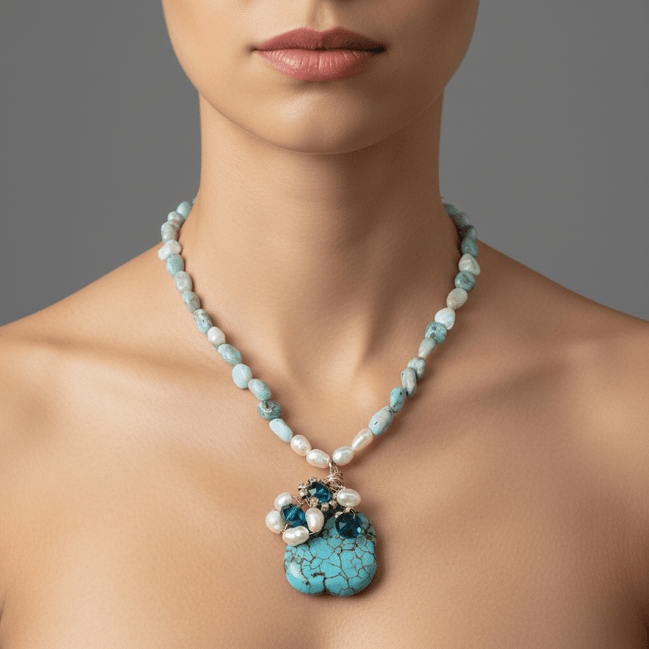 Colier Larimar cu Perle de Cultură și Turcoaze - Bijuterie Statement Handmade - OK Lux. All rights reserved. - Coliere - 