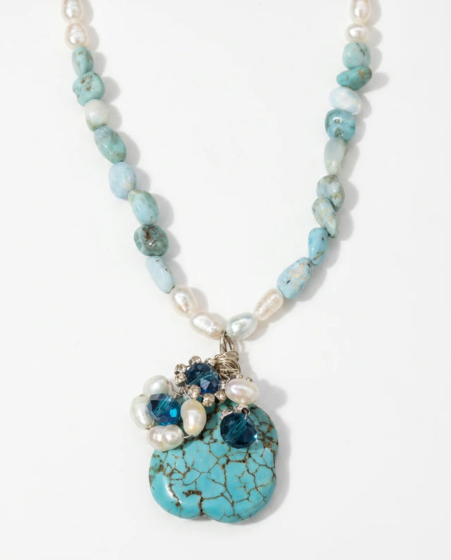 Colier Larimar cu Perle de Cultură și Turcoaze - Bijuterie Statement Handmade - OK Lux. All rights reserved. - Coliere - 