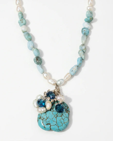 Colier Larimar cu Perle de Cultură și Turcoaze - Bijuterie Statement Handmade - OK Lux. All rights reserved. - Coliere - 