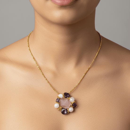 Colier Multicolor cu Hematit Auriu, Kunzit, Perle și Ametist - Bijuterie Statement - OK Lux. All rights reserved. - Coliere - 