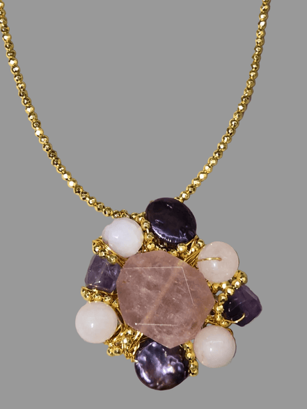 Colier Multicolor cu Hematit Auriu, Kunzit, Perle și Ametist - Bijuterie Statement - OK Lux. All rights reserved. - Coliere - 