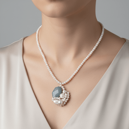 Colier Perle de Cultură AAA cu Aquamarin și Perle Baroc - Argint 40cm - OK Lux. All rights reserved. - Coliere - 