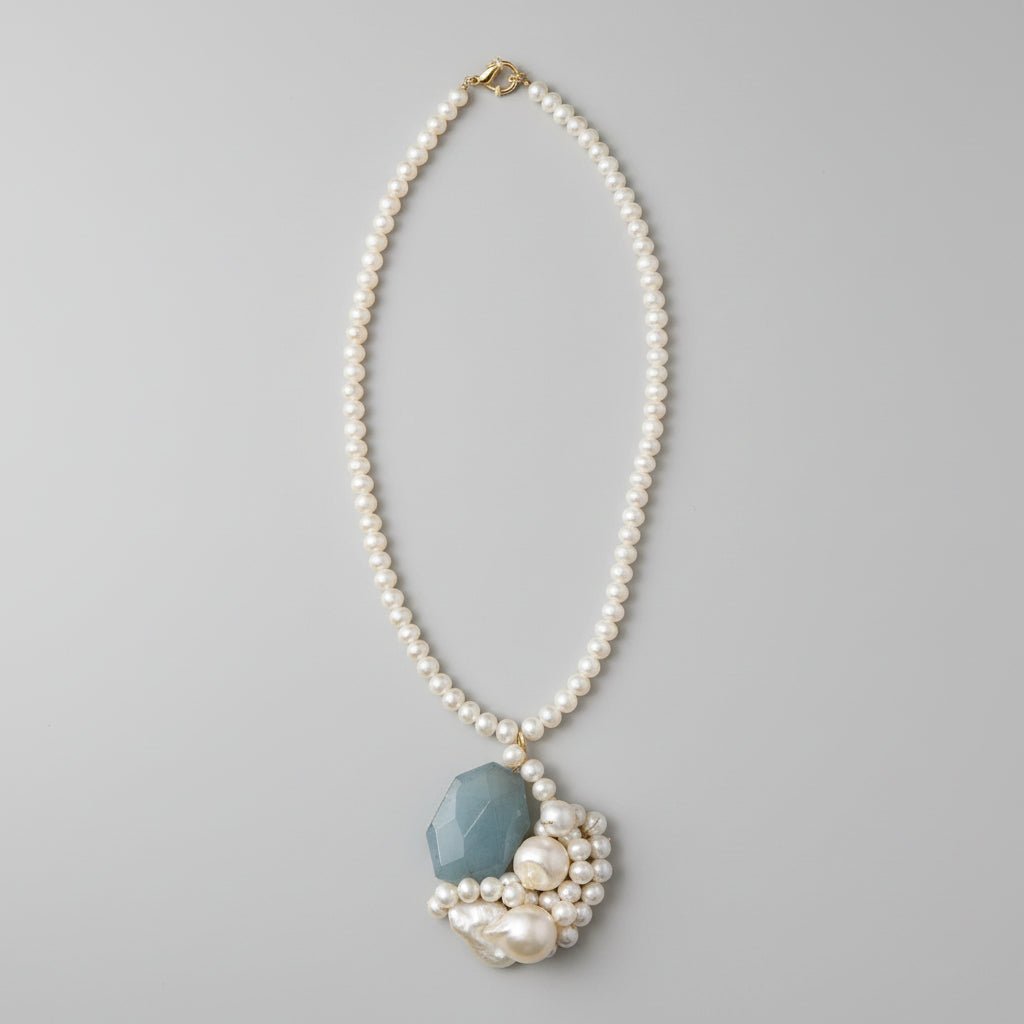 Colier Perle de Cultură AAA cu Aquamarin și Perle Baroc - Argint 40cm - OK Lux. All rights reserved. - Coliere - 