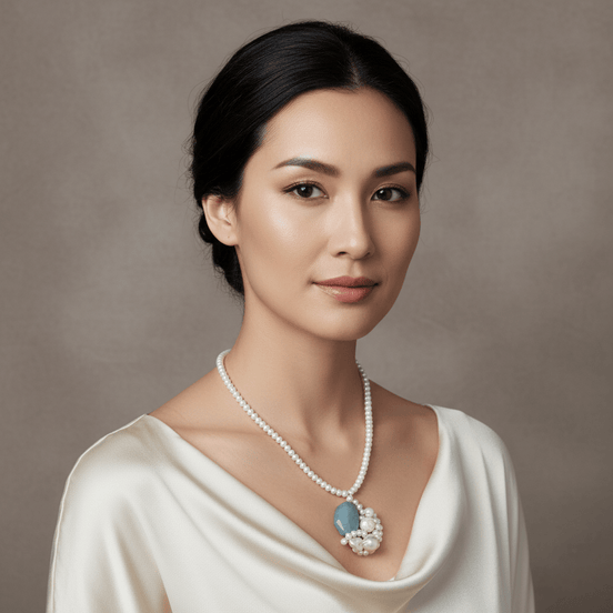 Colier Perle de Cultură AAA cu Aquamarin și Perle Baroc - Argint 40cm - OK Lux. All rights reserved. - Coliere - 