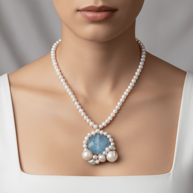 Colier Perle de Cultură AAA cu Aquamarin și Perle Baroc - Bijuterie Premium - OK Lux. All rights reserved. - Coliere - 