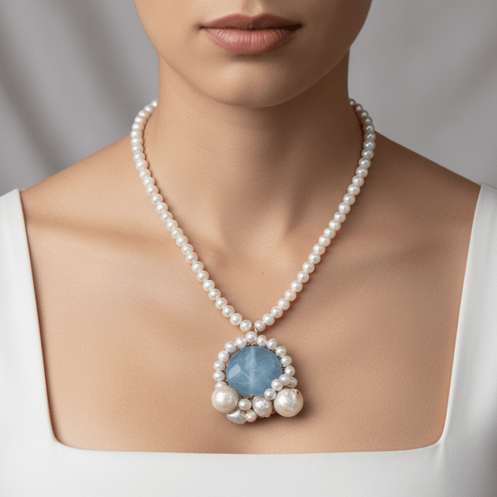 Colier Perle de Cultură AAA cu Aquamarin și Perle Baroc - Bijuterie Premium - OK Lux. All rights reserved. - Coliere - 