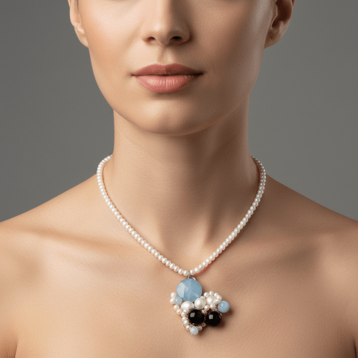 Colier Perle Naturale cu Pandantiv Agat Albastru și Onix Negru - OK Lux. All rights reserved. - Coliere - 