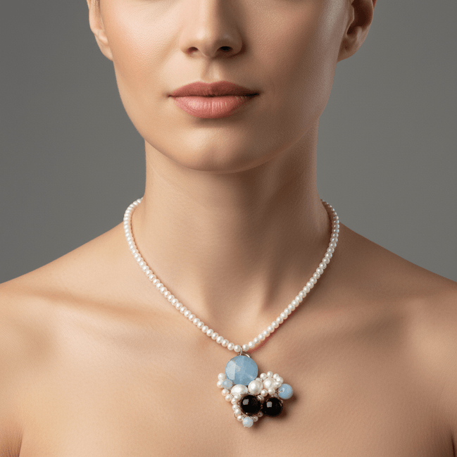 Colier Perle Naturale cu Pandantiv Agat Albastru și Onix Negru - OK Lux. All rights reserved. - Coliere - 