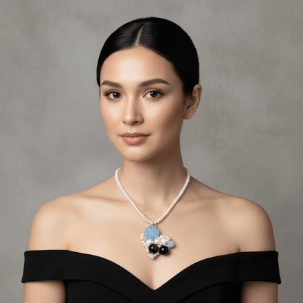 Colier Perle Naturale cu Pandantiv Agat Albastru și Onix Negru - OK Lux. All rights reserved. - Coliere - 