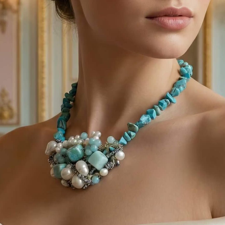 Colier Statement din Turcoaz și Amazonit cu Cluster de Perle Naturale - OK Lux. All rights reserved. - Necklaces - 