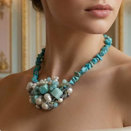 Colier Statement din Turcoaz și Amazonit cu Cluster de Perle Naturale - OK Lux. All rights reserved. - Necklaces - 