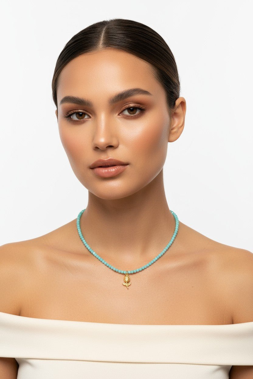 Colier Turcoaz cu Pietre Semiprețioase de Amazonit Fațetat 4mm și Pandantiv - OK Lux. All rights reserved. - Necklaces - 