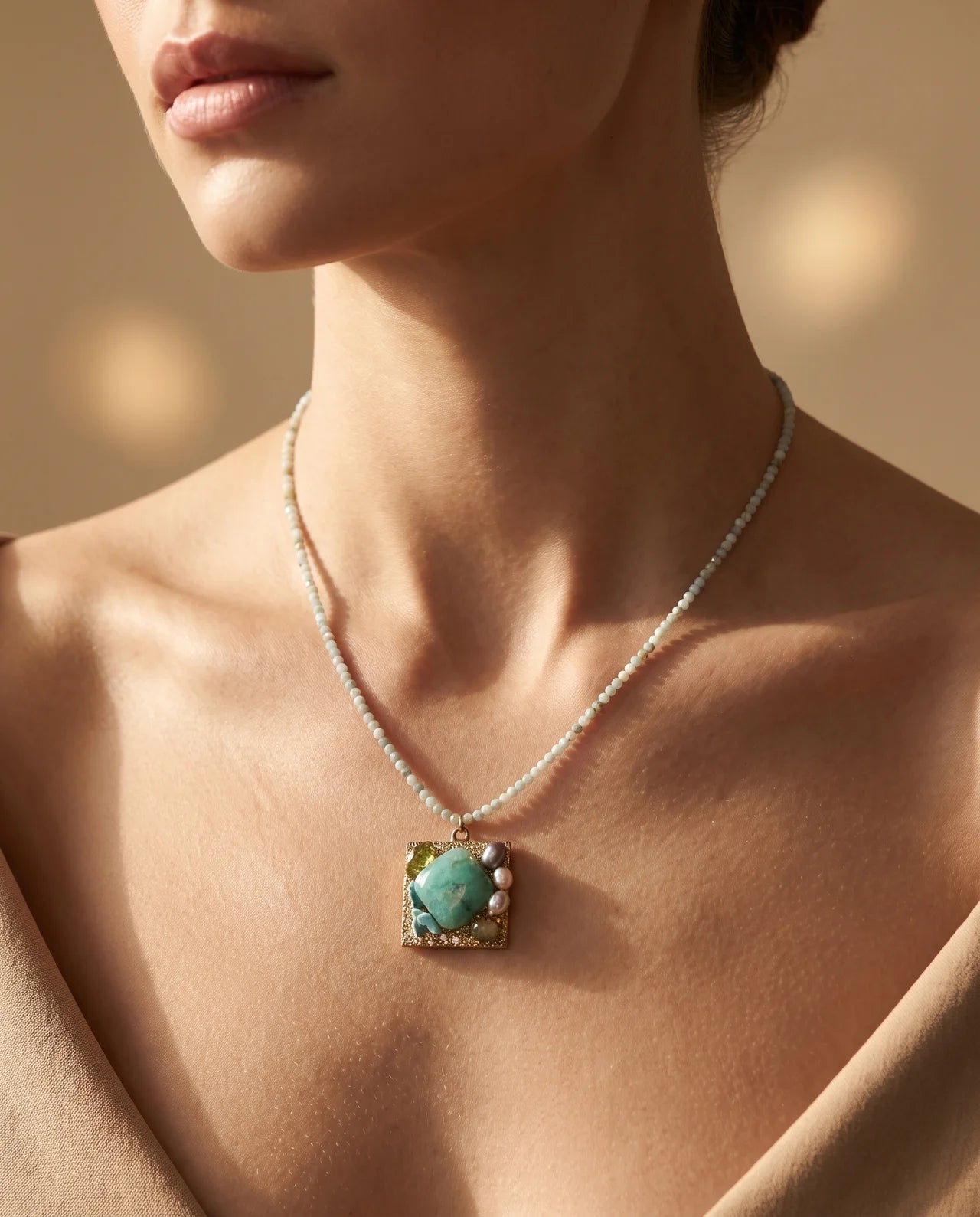 Colier Unicat cu Larimar, Peridot, Acvamarin, Agată și Perle Naturale - OK Lux. All rights reserved. - Bijuterii - 