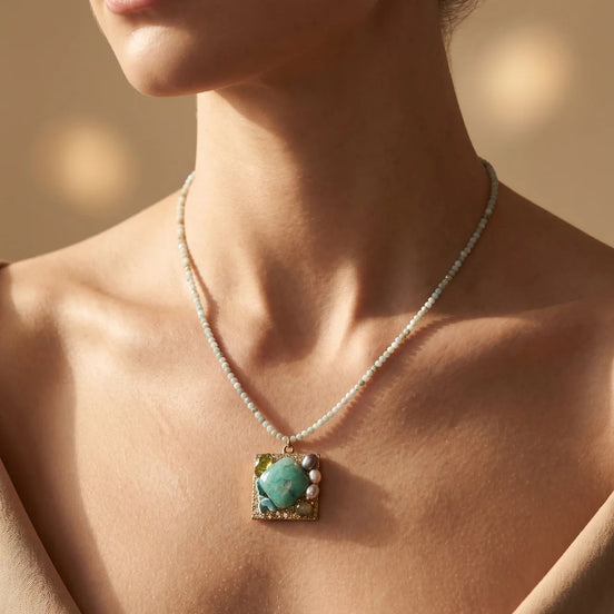 Colier Unicat cu Larimar, Peridot, Acvamarin, Agată și Perle Naturale - OK Lux. All rights reserved. - Bijuterii - 