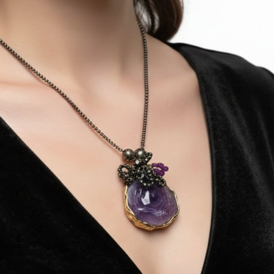 Colier unicat cu pietre semiprețioase, pandantiv cuarț și rubin - vedere completă