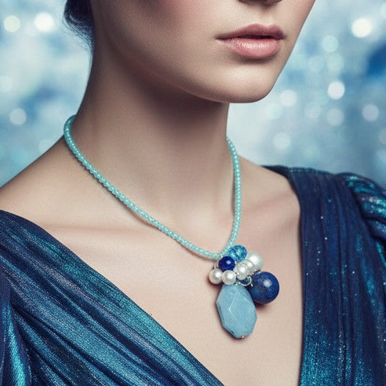Colier exclusivist din argint cu pietre semiprețioase amazonit, acvamarin și perle de cultură