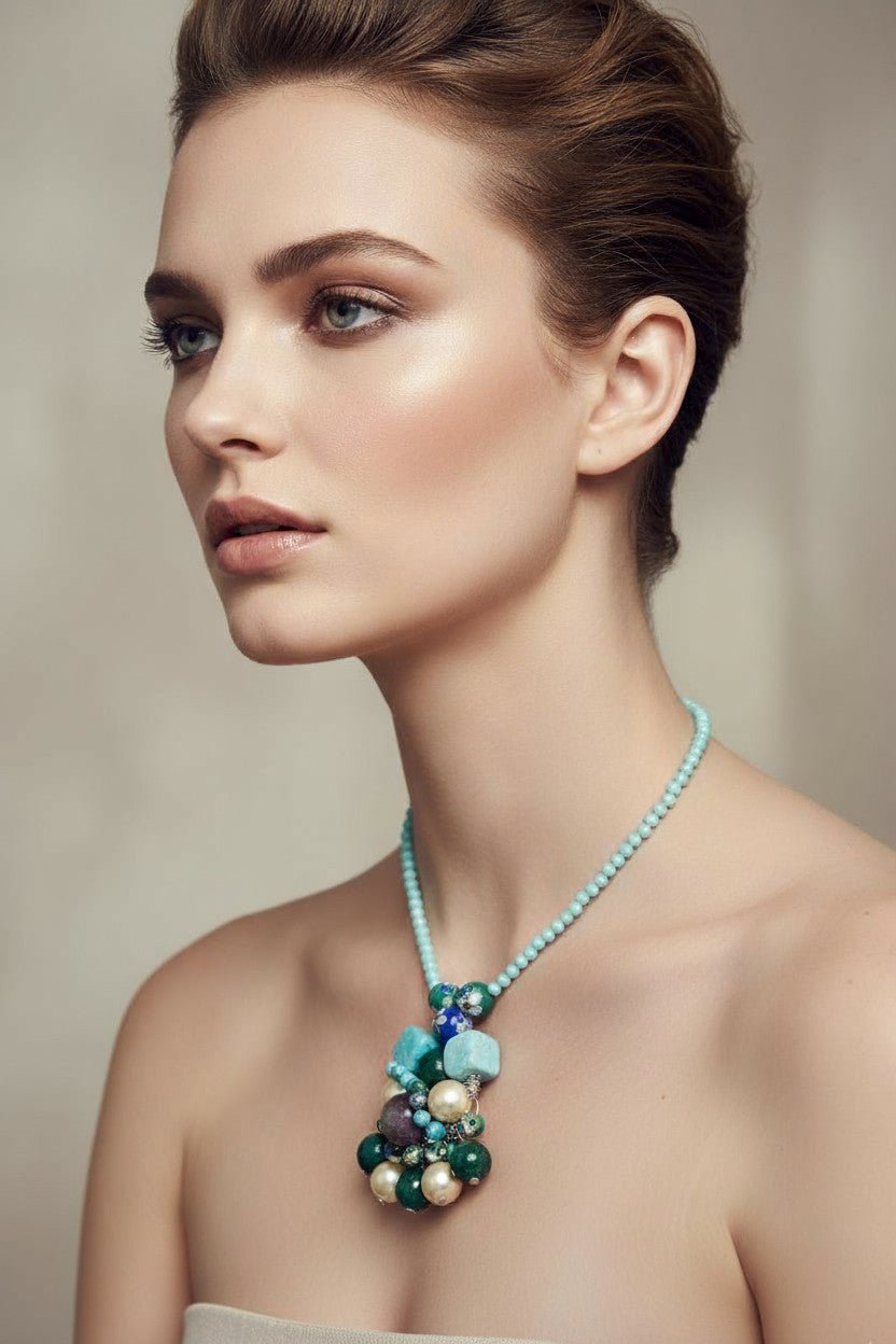 Colier Unicat din Argint cu Amazonit, Perle Mallorca și Jad - OK Lux. All rights reserved. - Necklaces - 