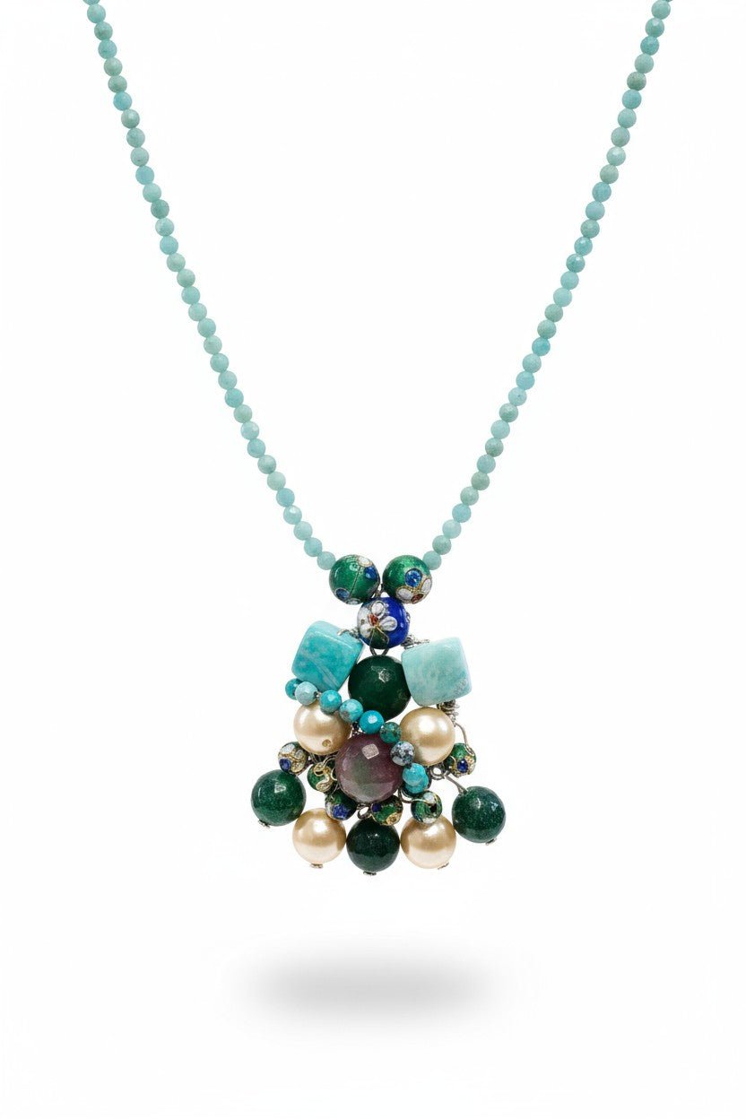 Colier Unicat din Argint cu Amazonit, Perle Mallorca și Jad - OK Lux. All rights reserved. - Necklaces - 