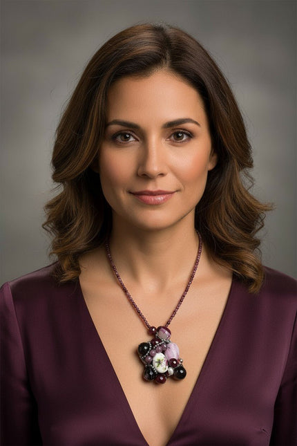 Colier Unicat din Argint cu Granat, Cuarț Strawberry și Perle de Cultură - OK Lux. All rights reserved. - Necklaces - 