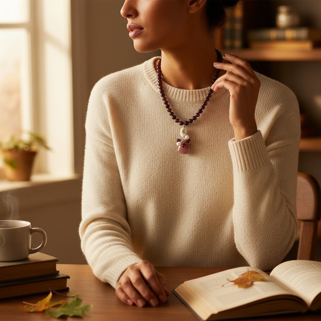 Colier Unicat din Argint cu Granat, Cuarț Strawberry și Perle de Cultură - OK Lux. All rights reserved. - Necklaces - 