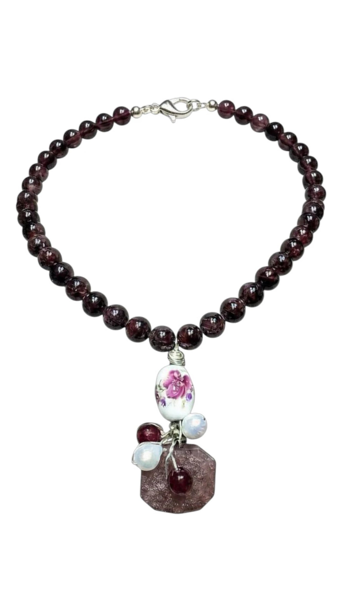 Colier Unicat din Argint cu Granat, Cuarț Strawberry și Perle de Cultură - OK Lux. All rights reserved. - Necklaces - 