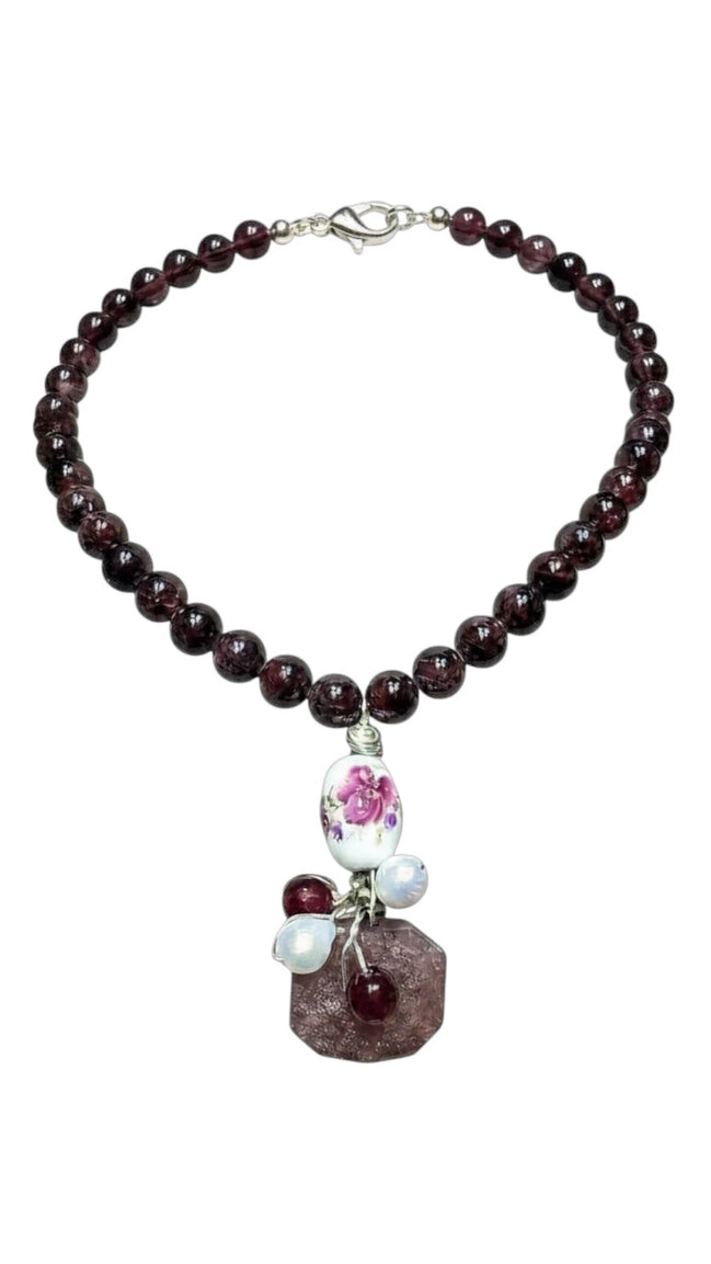 Colier Unicat din Argint cu Granat, Cuarț Strawberry și Perle de Cultură - OK Lux. All rights reserved. - Necklaces - 