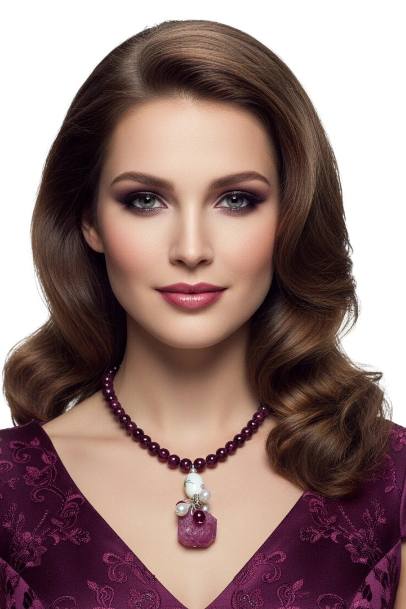 Colier Unicat din Argint cu Granat, Cuarț Strawberry și Perle de Cultură - OK Lux. All rights reserved. - Necklaces - 