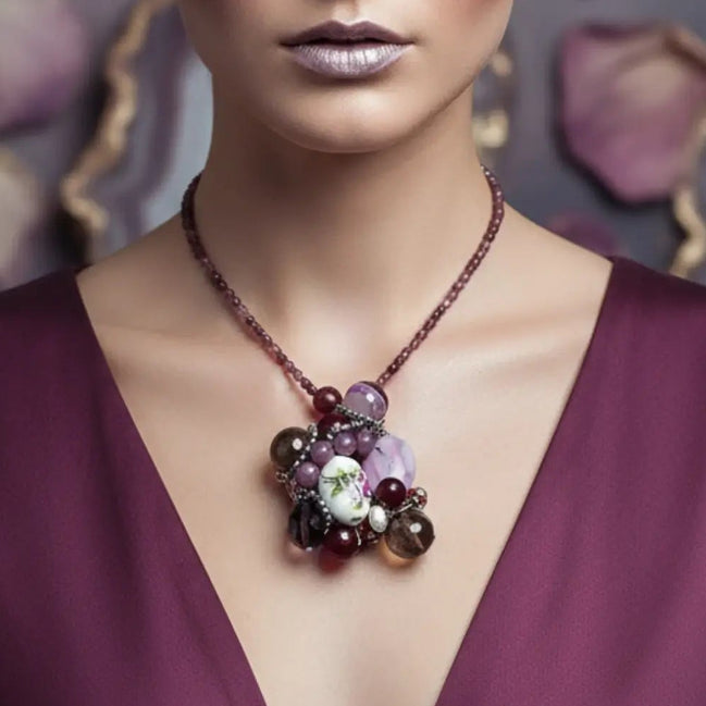 olier unicat din argint cu rubin roșu, jad verde și pandantiv artizanal - vedere completă