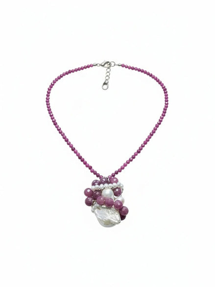 Colier statement din argint cu rubin și perle baroc în nuanțe roz-mov - bijuterie handmade