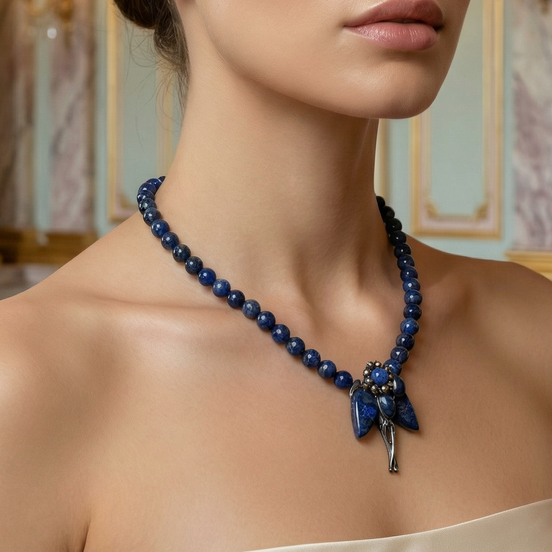 Femeie purtând colier din lapis lazuli cu pandantiv floral stilizat și accente metalice