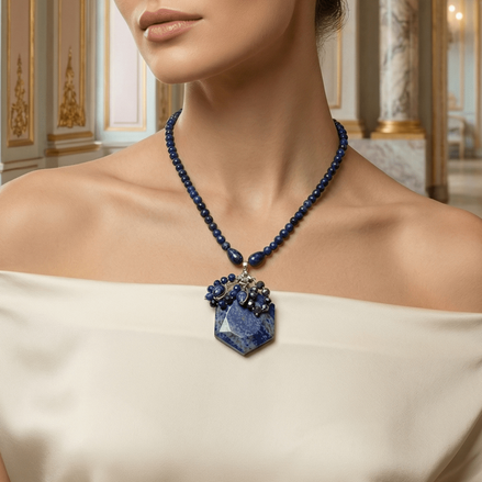 Femeie elegananta poarta coleire cu pandativ din lapis lazuli