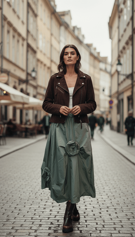 Fustă fluidă verde kaki cu imprimeu - OK Lux. All rights reserved. - Dresses - KHAKI GREEN - 