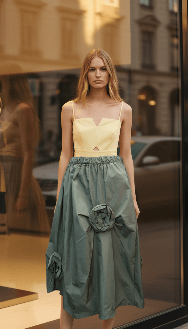 Fustă fluidă verde kaki cu imprimeu - OK Lux. All rights reserved. - Dresses - KHAKI GREEN - 