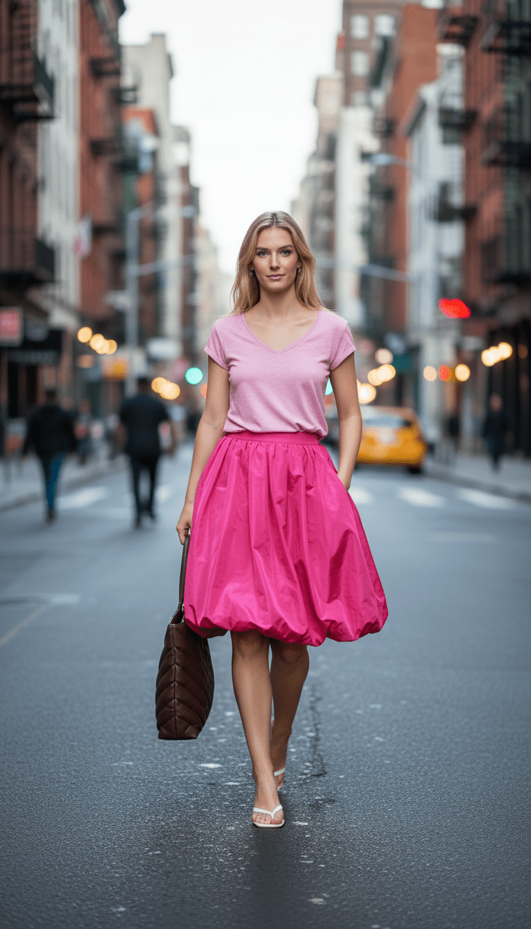 Fustă midi roz pudrat, croială lejeră - OK Lux. All rights reserved. - Skirts - PINK - 