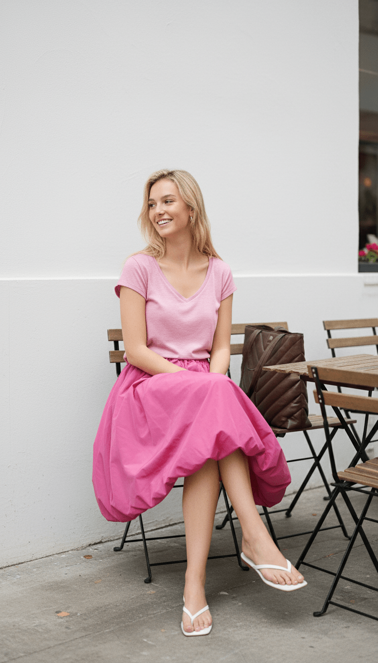 Fustă midi roz pudrat, croială lejeră - OK Lux. All rights reserved. - Skirts - PINK - 