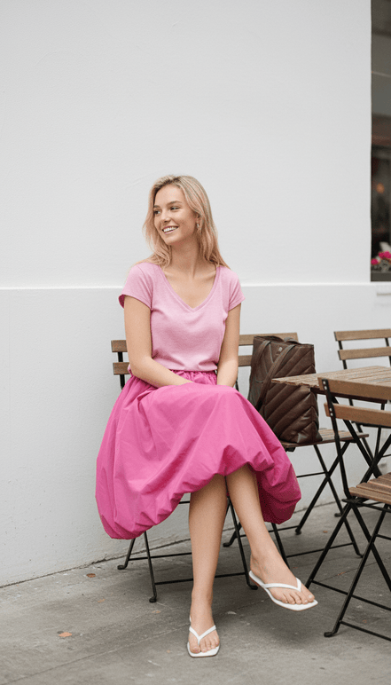 Fustă midi roz pudrat, croială lejeră - OK Lux. All rights reserved. - Skirts - PINK - 