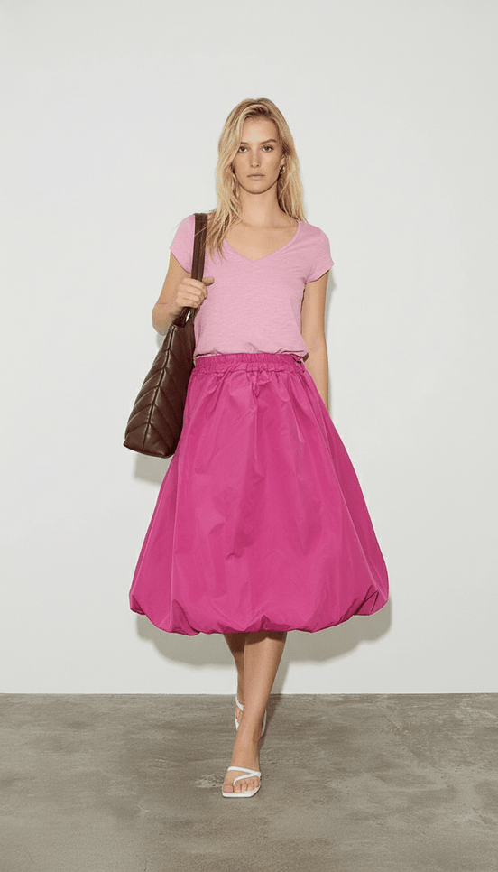 Fustă midi roz pudrat, croială lejeră - OK Lux. All rights reserved. - Skirts - PINK - 