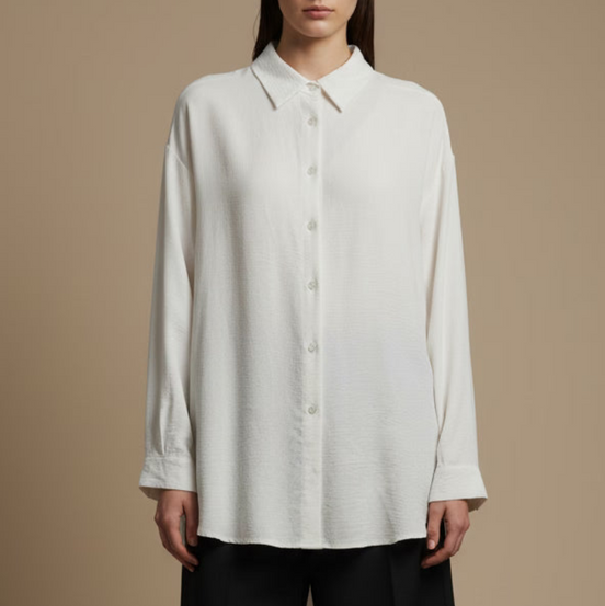Long shirt with classic collar and oversized cuffs in white