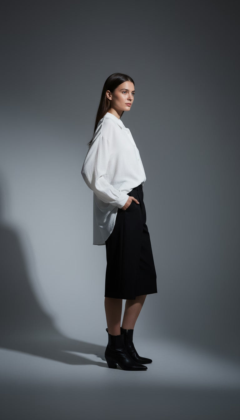 Cămașă lungă cu guler clasic și manșete oversize albă