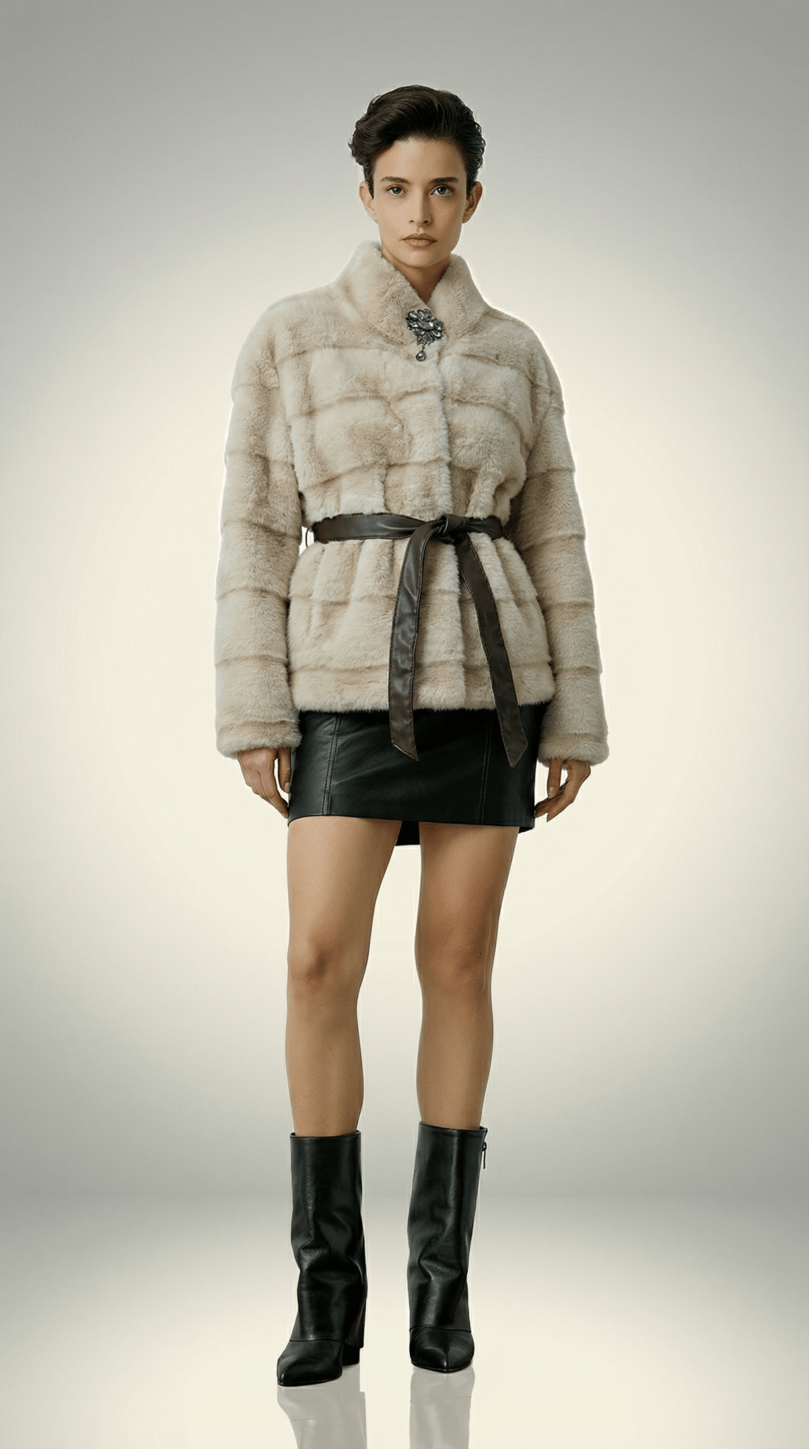 Haina de blana artificiala crem cu broșă și cordon - OK Lux. All rights reserved. - Jackets - 