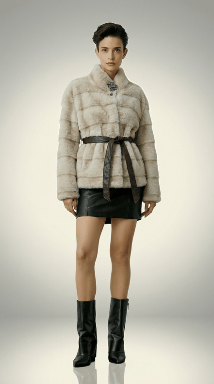 Haina de blana artificiala crem cu broșă și cordon - OK Lux. All rights reserved. - Jackets - 